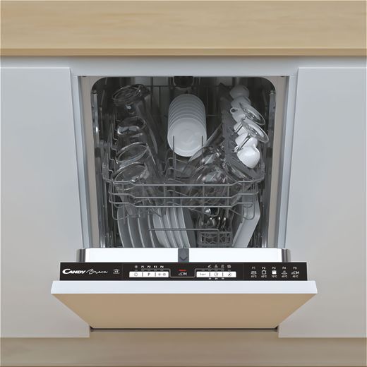 Candy Integrated Slimline Dishwasher - Black Control Panel  - Door open close up shot